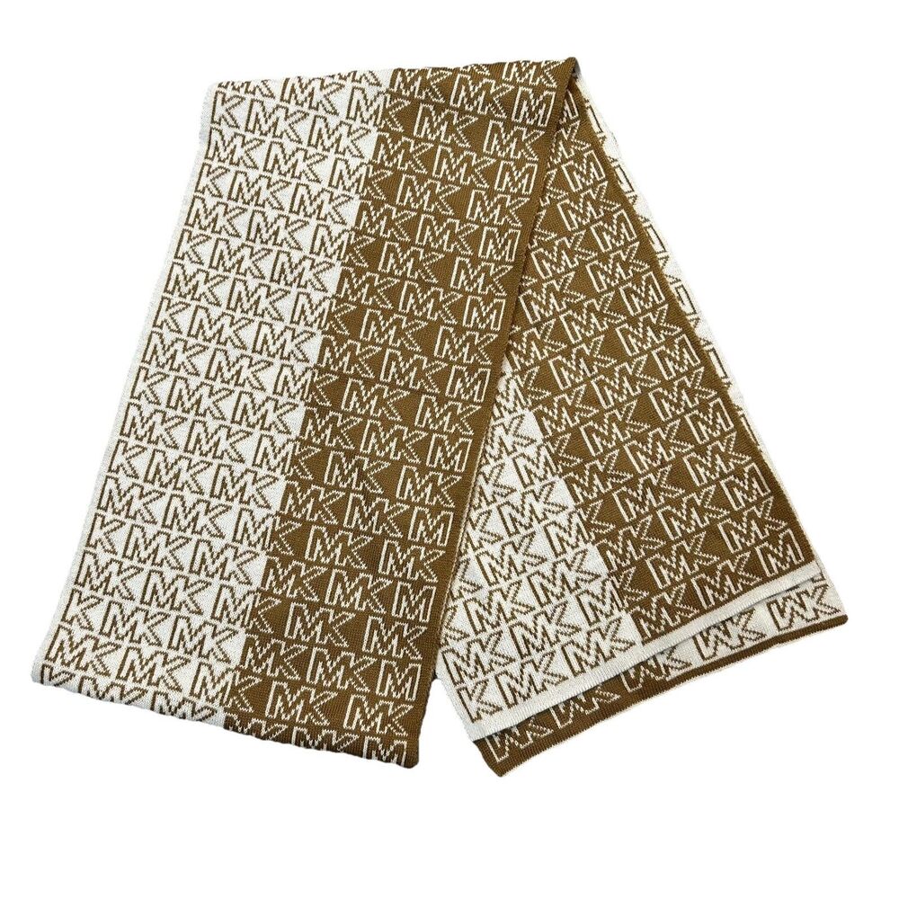 Michael Kors Women's Brown Tan Camel Knit Signature Logo Long Rectangle Scarf